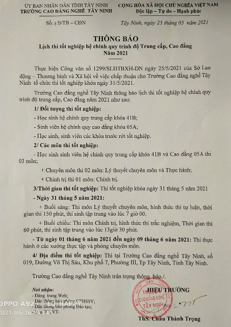 Thông báo lịch thi tốt nghiệp khóa ngày 31/5/2021